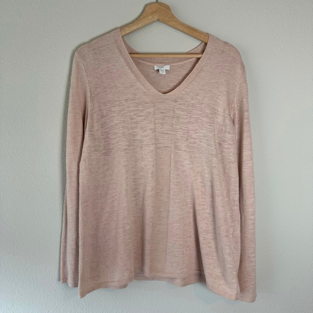 J. Jill Pink V-Neck Cotton Linen‎ Blend Lightweight Sweater Pink Large Petite
